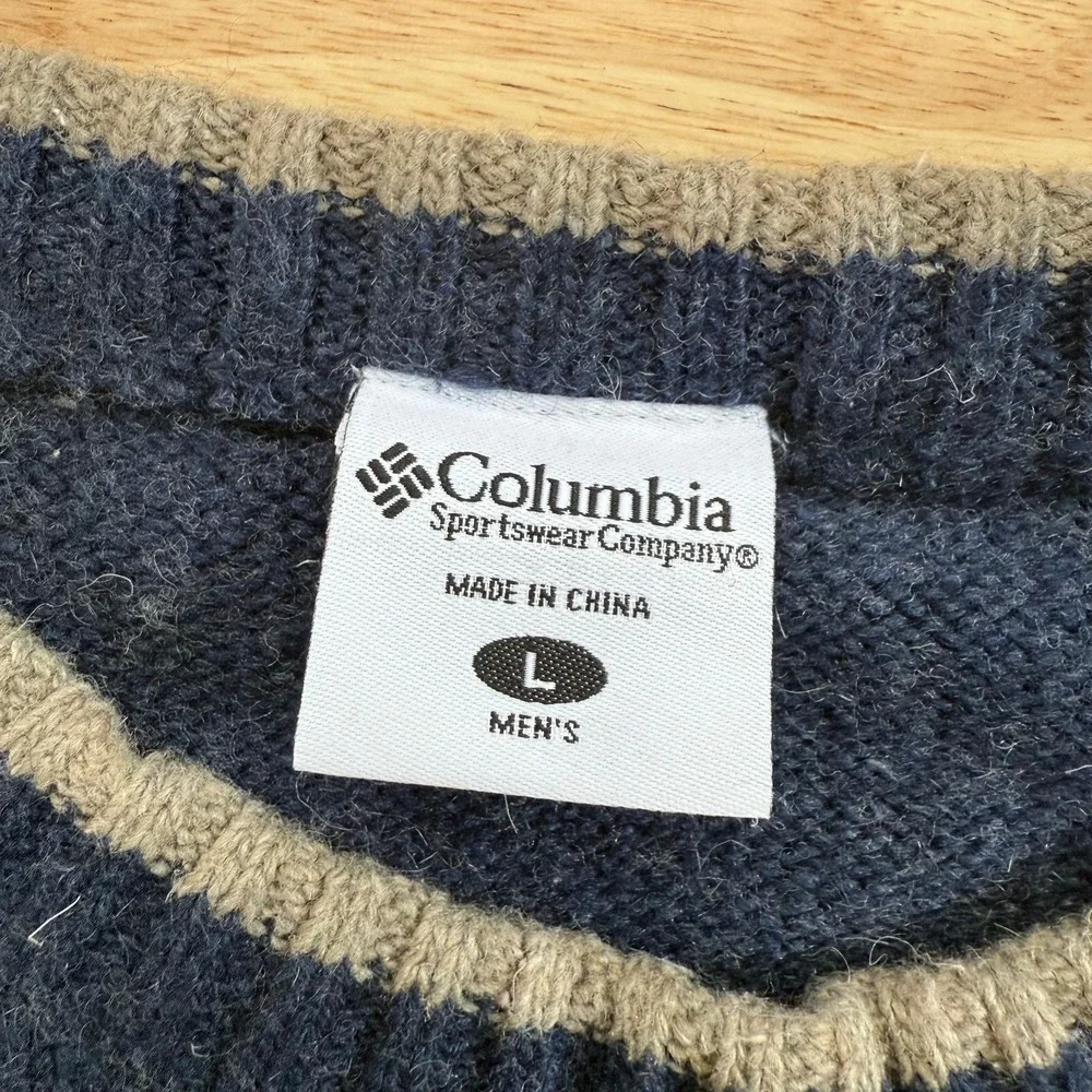 Columbia Sweater Men's Blue Wool Blend Knit Crew‎ Neck Pullover Winter Large VTG
